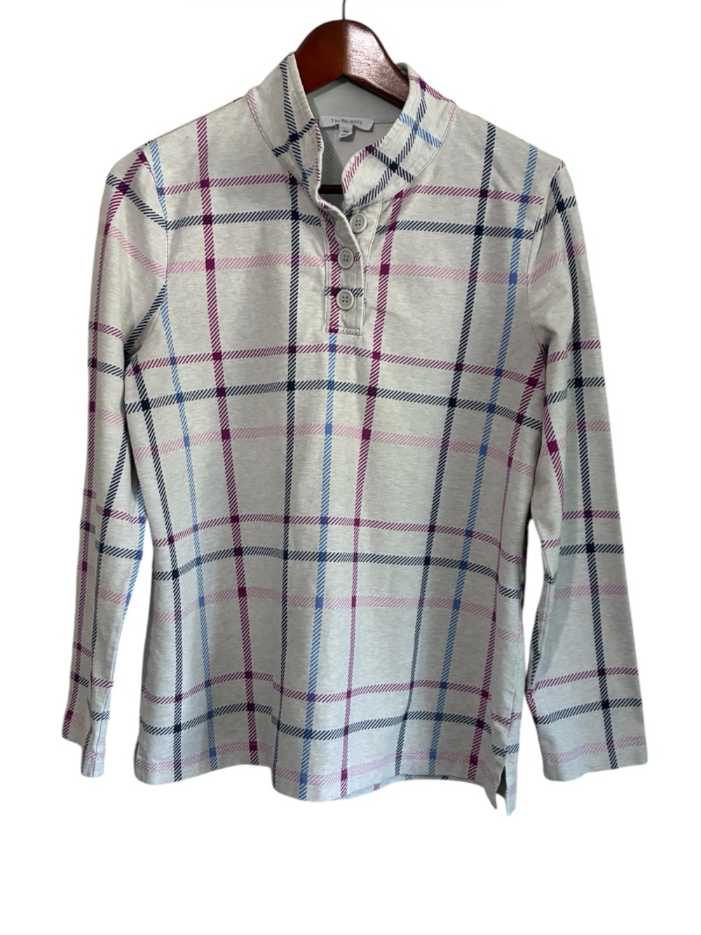 T by Talbots Women's Gray Plaid Long Sleeve Top Size Petite Medium